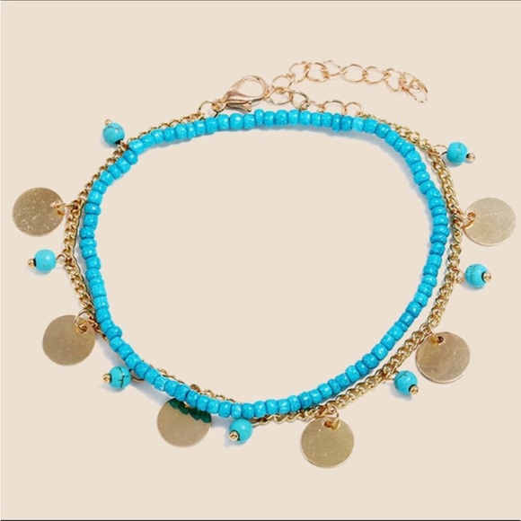 💸FINAL PRICE DROP🌺NWT 2pc Gold Disc & Turquoise Beaded Boho Anklet🌺 - Picture 9 of 12